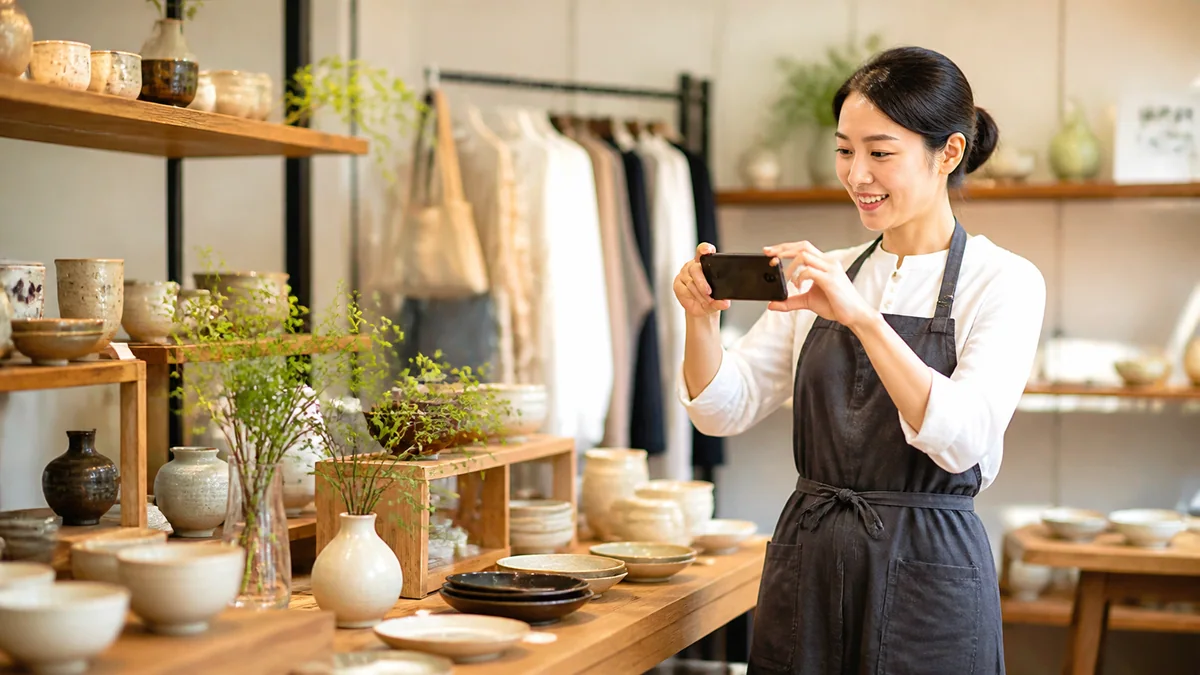 Googleビジネスプロフィール用の写真を撮影する店舗オーナー